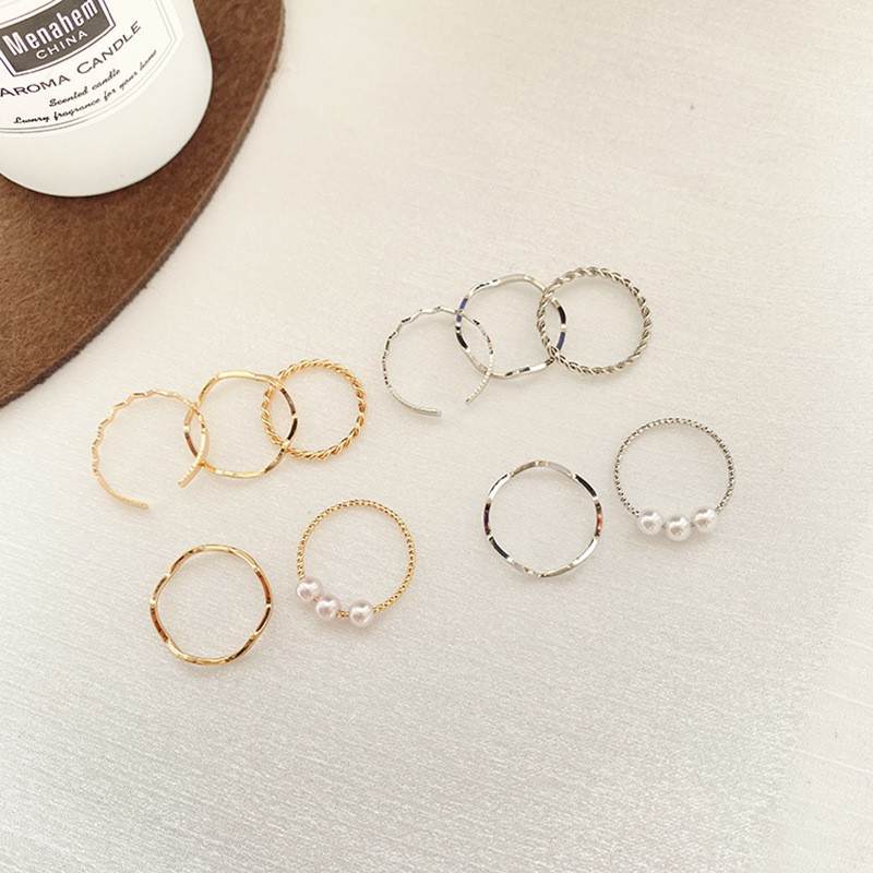 Korean Simple Five Piece Set Ring Gold and Silver Pearl Ring For Women