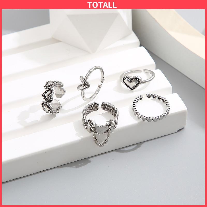 COD Cincin Cinta Terbuka Retro Sederhana Kreatif 5-piece Set Cincin Jari Telunjuk Berongga-Totall