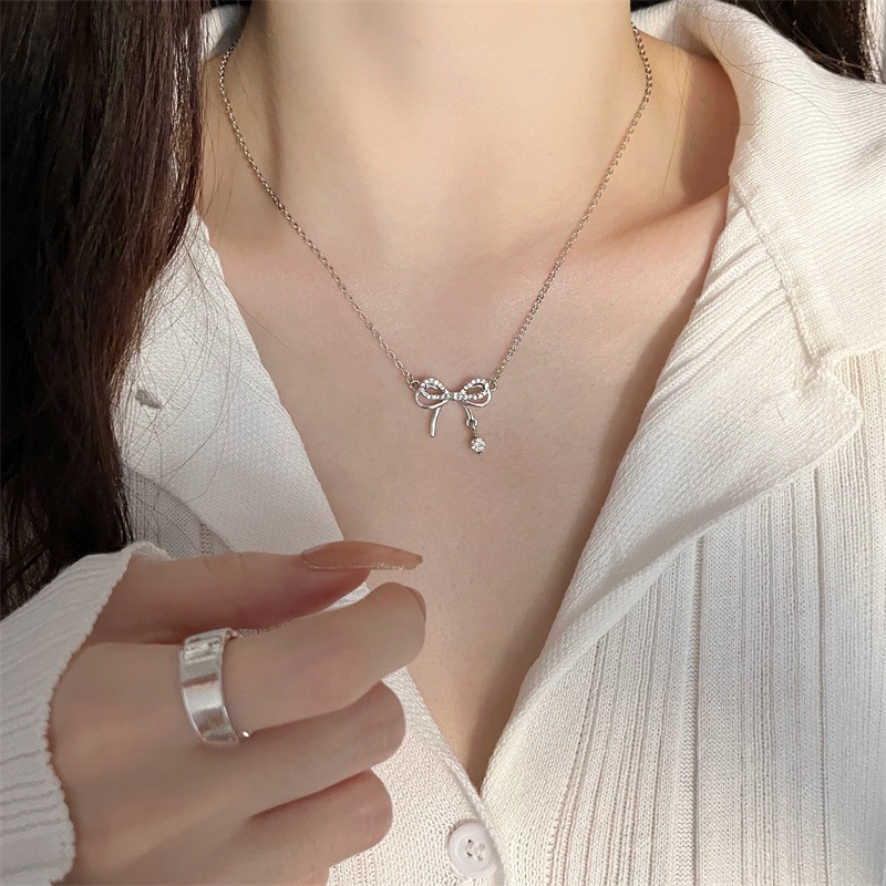 Papaozhu Trendi s925 Perak Berkilau Zirkon Berongga Busur Choker Kalung Untuk Wanita Perempuan Korea Lucu CZ Ikatan Simpul Liontin Kalung Perhiasan