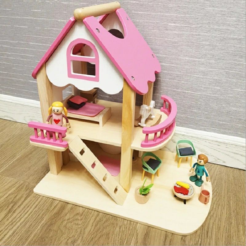 wooden doll house pink - rumah boneka kayu - mainan rumah boneka  - mainan rumah rumahan