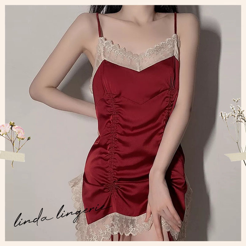 Lingerie Sexy Baju Tidur Sexy Baju Malam Pertama Satin Sleepdress-maroon