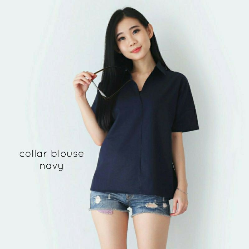 Blouse Atasan Wanita Lengan Pendek Katun Uniqlo, Yumi Blouse#-Collar Blouse Navy