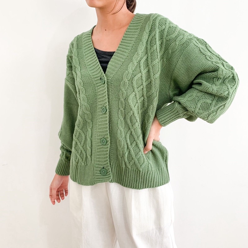 Vintage House Cross Crop Cardi (Cardigan Rajut Cable Wanita Korea / Korean Cardigan)-Jade