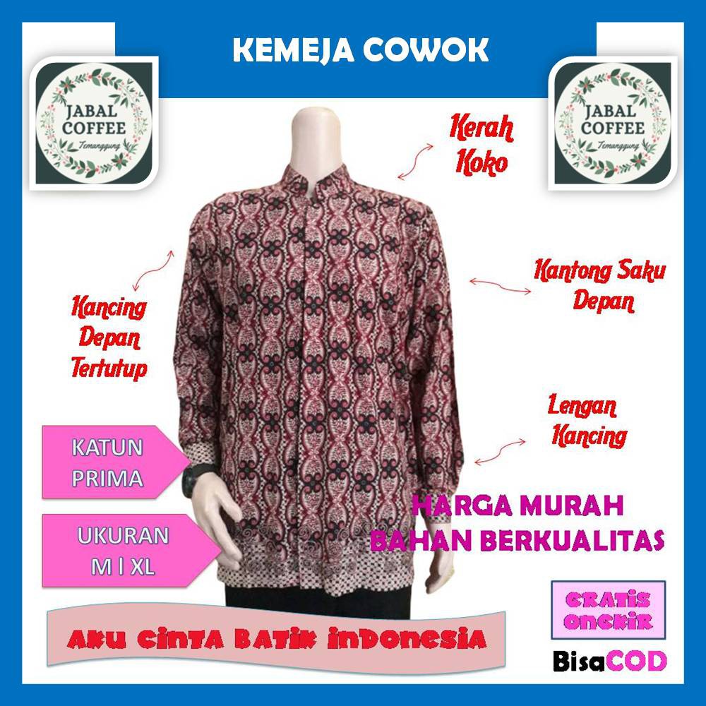 Baju Atasan Batik Pria Dewasa M L XL XXL / Atasan Panjang Pendek Kemeja Hem Batik Prima J20