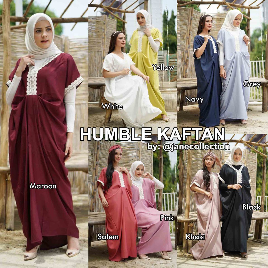 JANE COLLECTION || Baju Muslimah Hitam OOTD Lebaran Bigsize Dress Maxi Pink Kaftan Hijabers Tunik Jumbo Hari Raya Mustard Wollycrepe Renda Humble Kaftan XL Bigsize