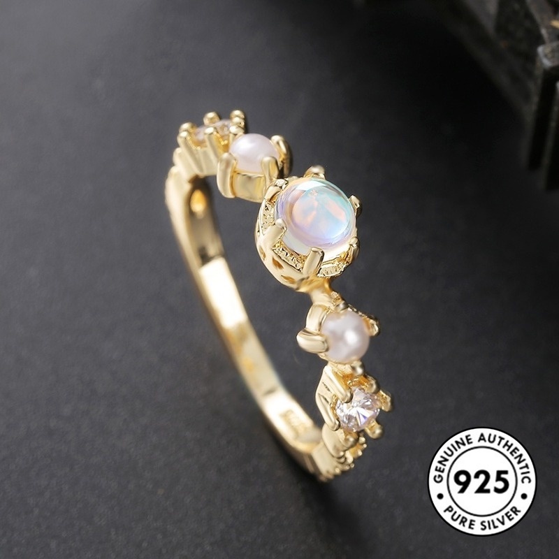 Cincin Lapis Emas S925 Hias Batu Bulan Mutiara Putih