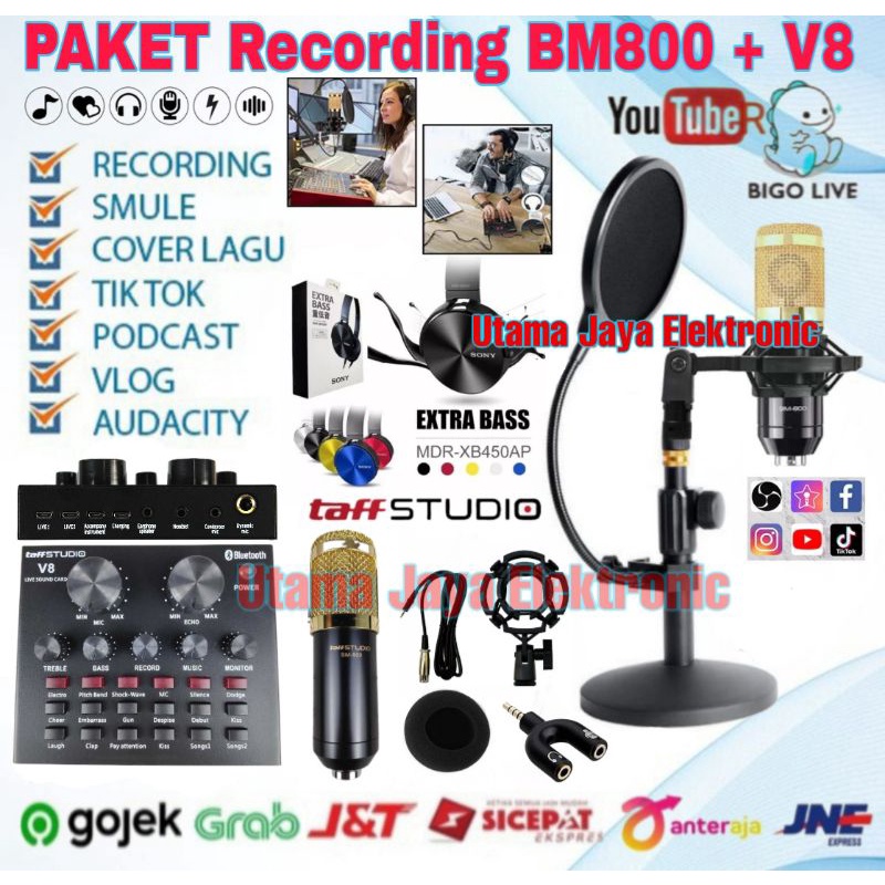 Paket Mikrofon BM800 Soundcard V8s Bluetooth Stand Meja Pop Filter Microphone Terbaik