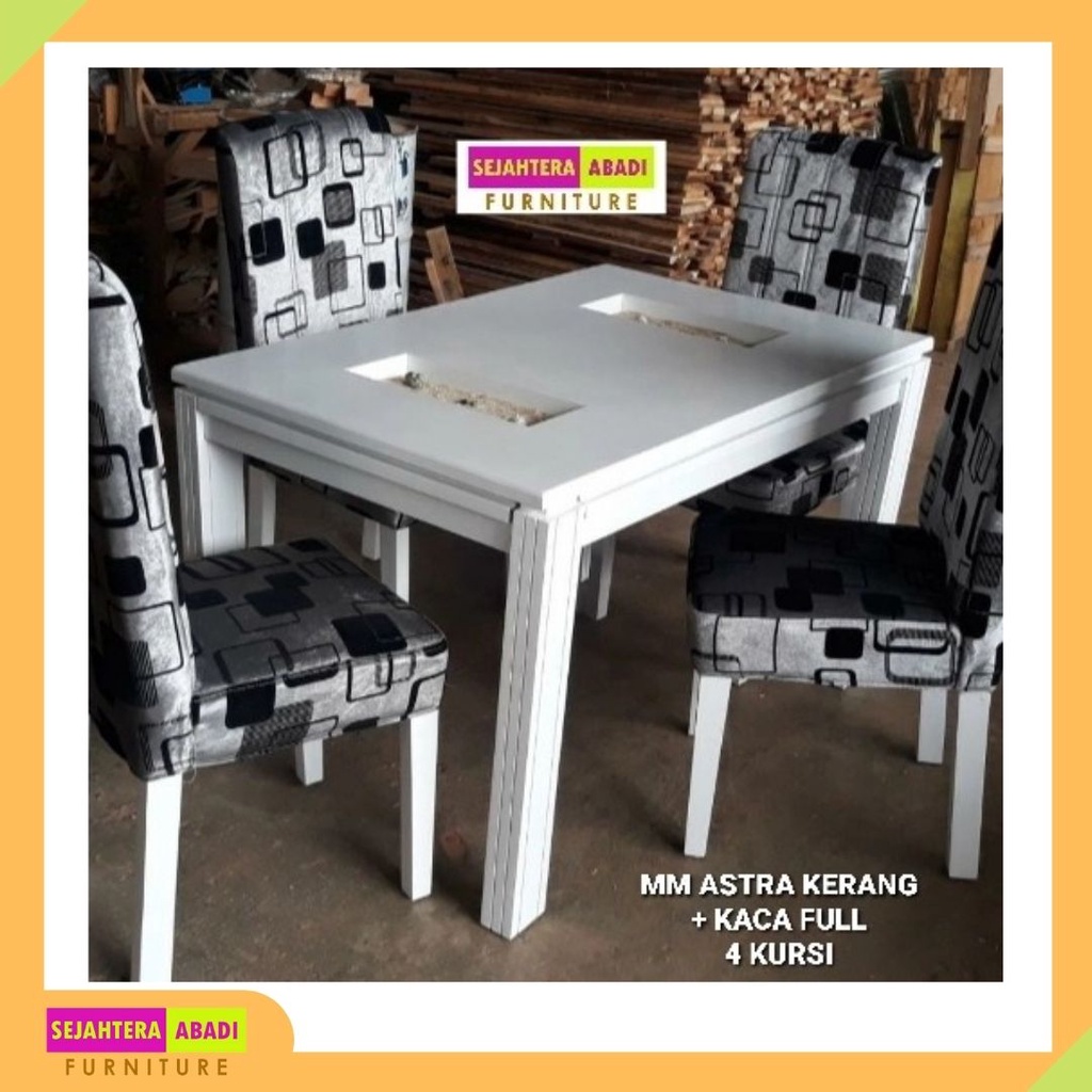 meja makan kayu minimalis kerang + kaca putih 4 dudukan