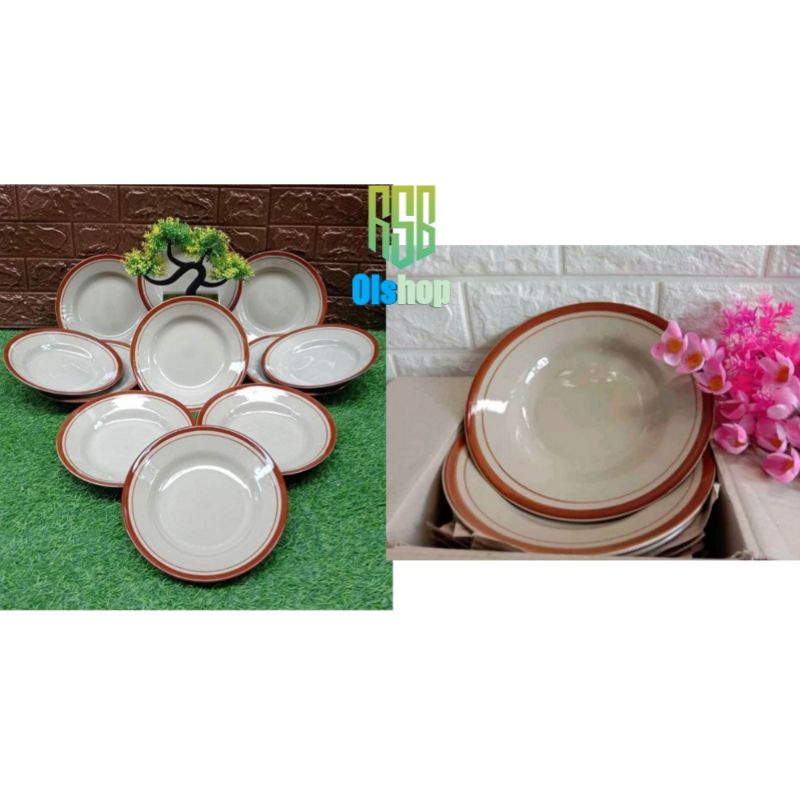 6 PCS PIRING MAKAN LIST COKLAT LUCKY 8 INCH/PIRING KERAMIK LIST COKLAT LUCKY FREE PACKING BUBBLE WRA