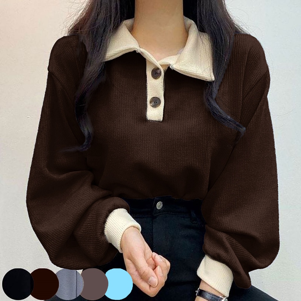 Sweater Wanita Collar Girl - Korean Style Colar Sweatshirt - Sweater Kerah Dengan Kancing Polos - Button Jane Fashion - Allsize - Bahan Fleece