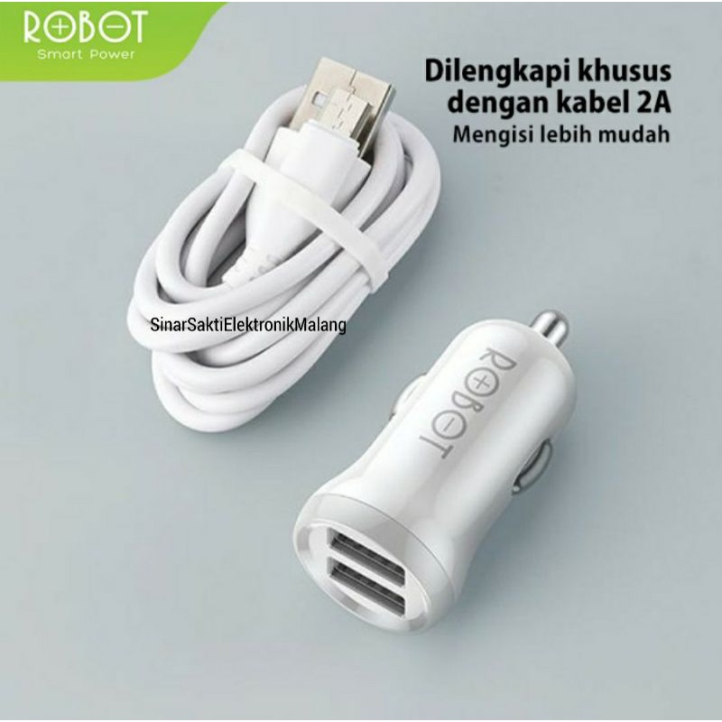 Robot Car Charger HP Dual Output + Kabel USB Charge Cas Colokan Mobil Handphone Smartphone