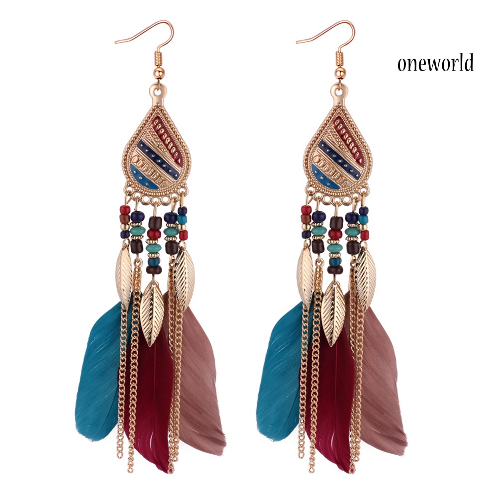 OW@ Vintage Elegant Long Pendant Dangle Hook Feather Earrings Women Jewelry Gift