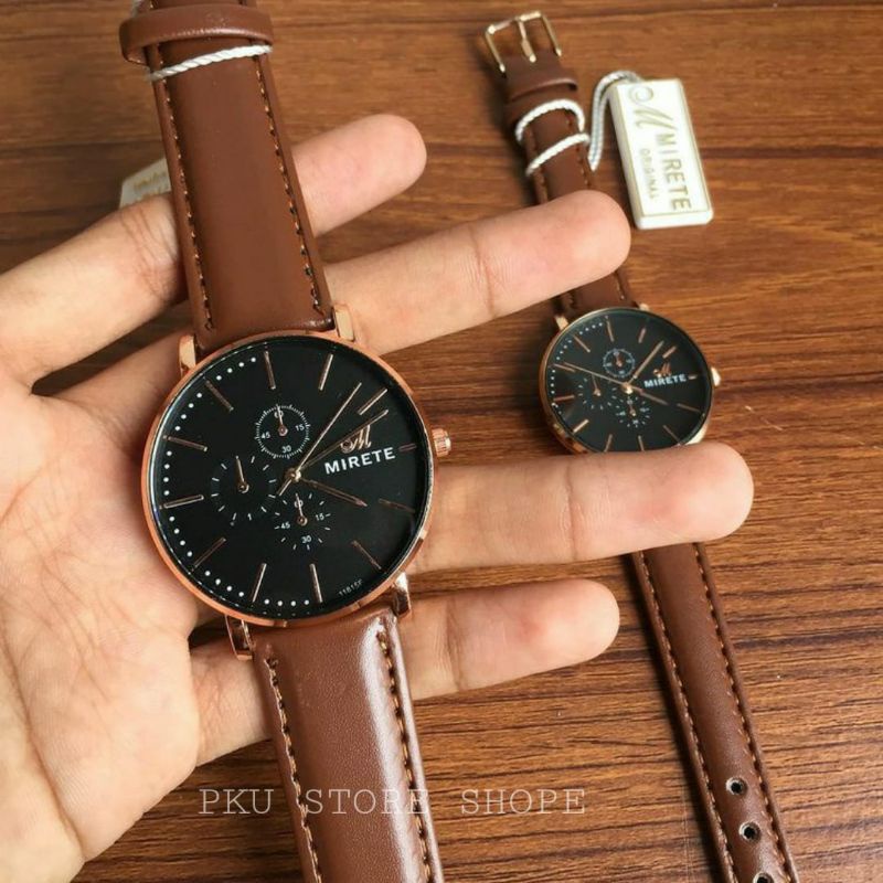 JAM MIRETE COUPLE PRIA WANITA ANTI AIR ORIGINAL TALI KULIT  WARNA HITAM, COKLAT TUA, COKLAT MUDA ELEGAN MEWAH FREE BATRAI CADANGAN_JAM TANGAN PRIA WANITA COUPLE TALI KULIT TAHAN AIR