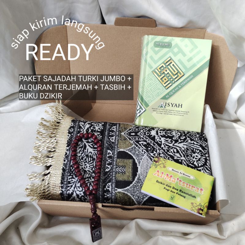 Paket Sajadah Turki Jumbo Alquran Terjemah Tasbih Buku Dzikir| Seperangkat Alat Sholat| Hadiah Wisuda| Kado Pernikahan| Kado Ulang Tahun Cewek| Hampers Cowok