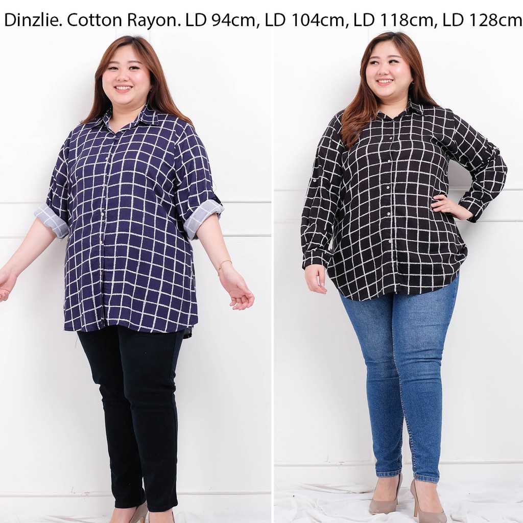 Dinzlieshop Kemeja Katun Rayon Wanita Motif Kotak Kotak Gold Button Busui Friendly