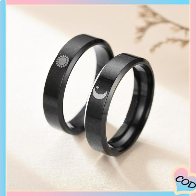 COD❤️ Simple Moon Sun Couple Trendy Wide Love Rings Hadiah Indah untuk Pacar Pacar di Hari Valentine-A.one