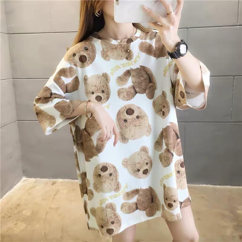 [BISA COD] Oversize Tee Tshirt Wanita Model Longgar Motif Teddy Bear Coklat