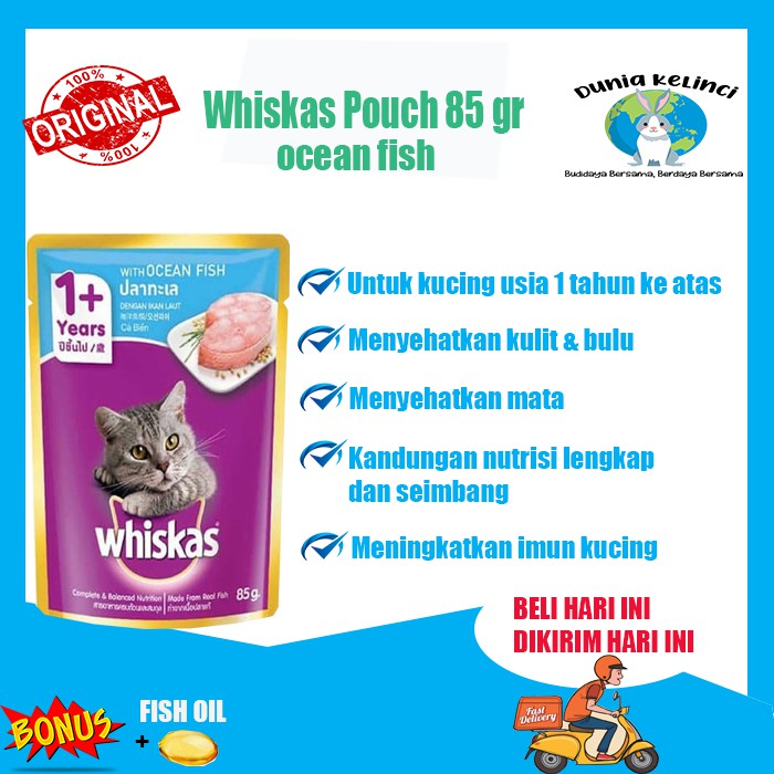 MAKANAN KUCING BASAH WHISKAS POUCH 85 GR OCEAN FISH SASET WET FOOD WISKAS