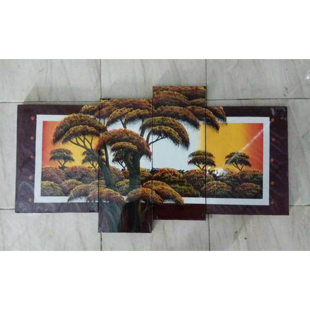 Lukisan pemandangan alam hutan nuansa Sunset