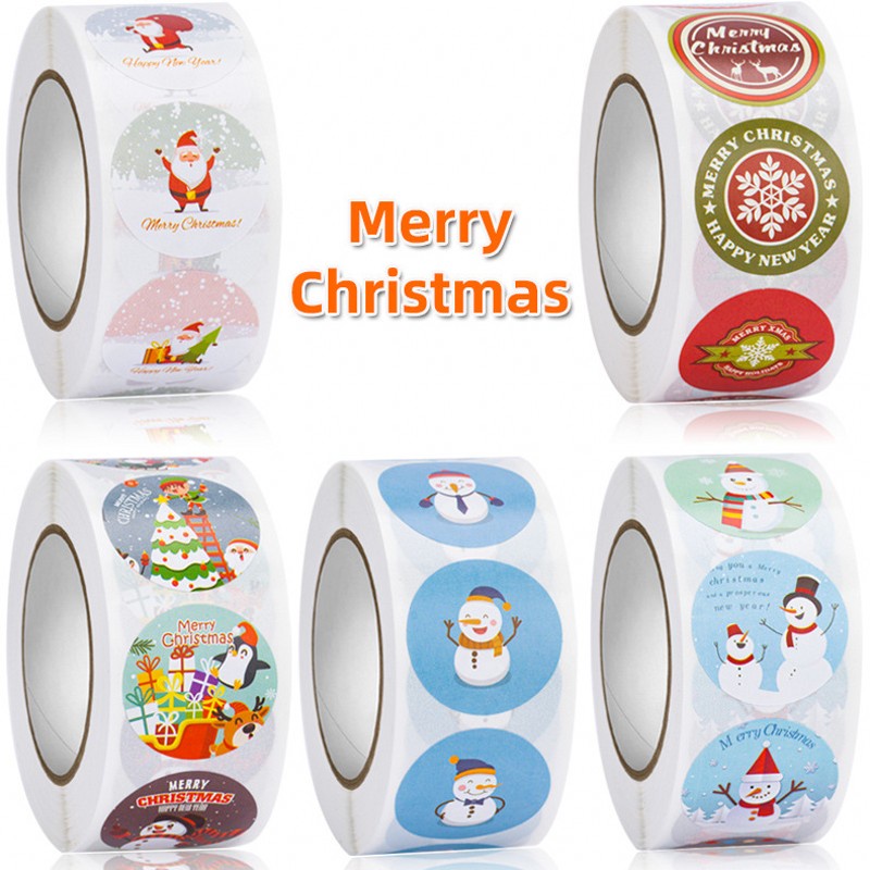 500pcs / Roll Stiker Segel Amplop Motif Santa Snowman Natal Untuk Dekorasi DIY