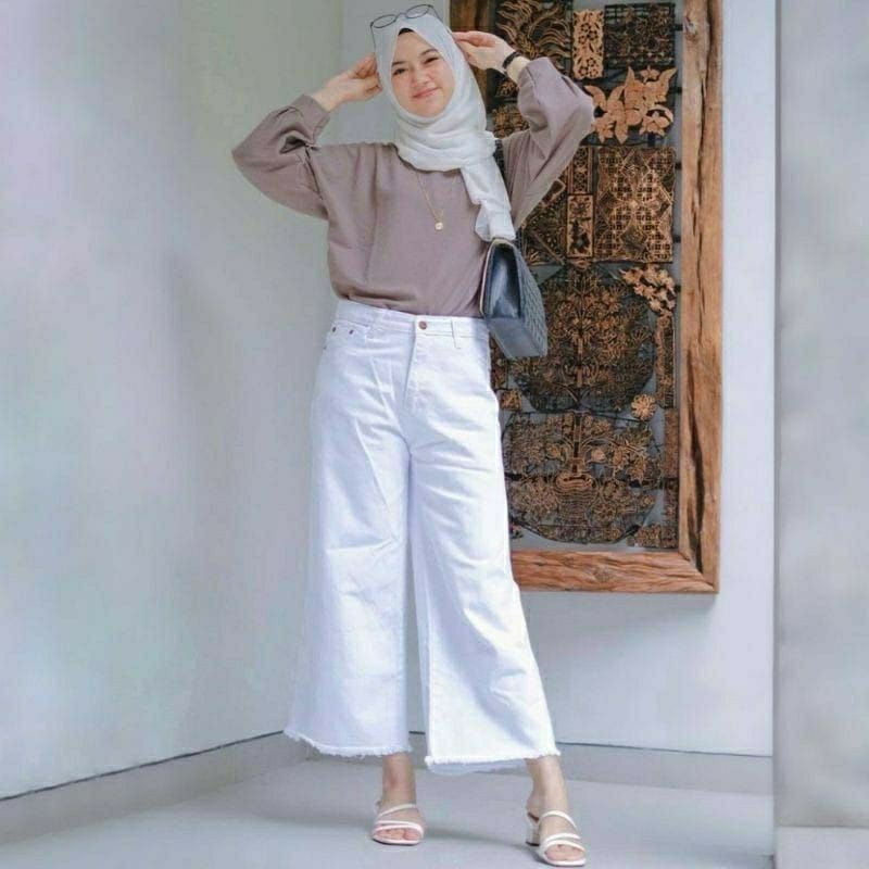 Celana kulot jeans wanita putih jins denim highwaist murah cewek cewe cullote Lepis cutbray levis-4