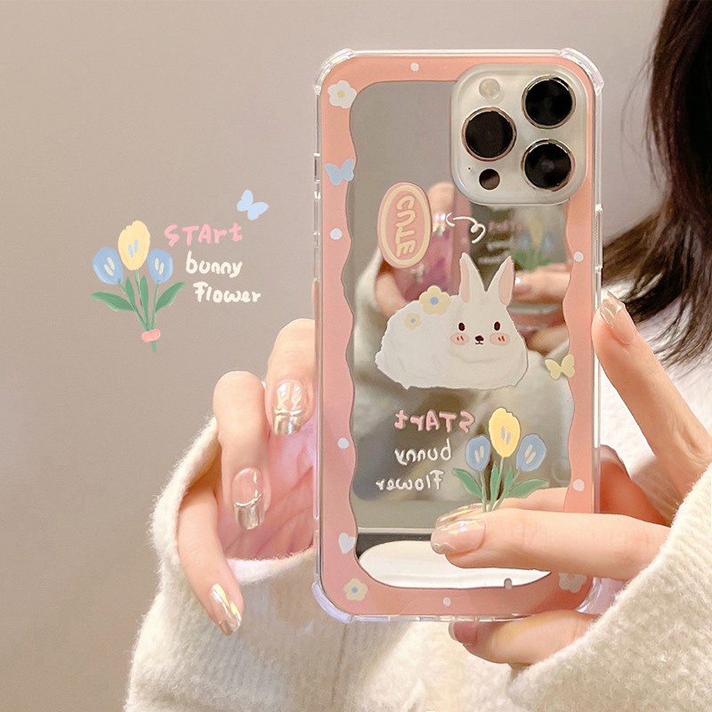 ins Makeup Mirror Shock Proof Soft Case IP Iphone 7 8 Plus X XR XS Max IPhone 11 Pro Max 12 13 Pro Max SE 2020 12 13 mini Cutee Pink Bunny rabbit Casing