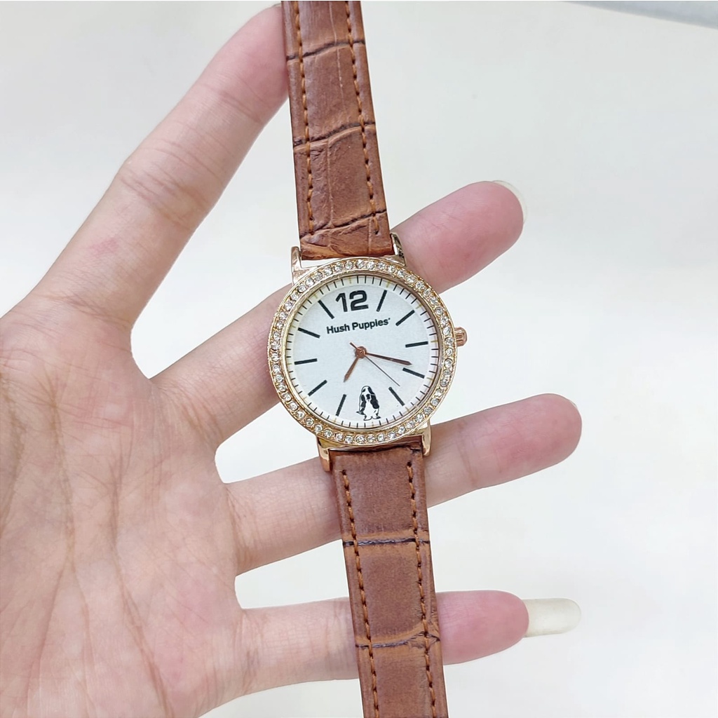 Jam Tangan Wanita Hush Puppies B5253J Tali Kulit Case Permata Free Box &amp; Baterai