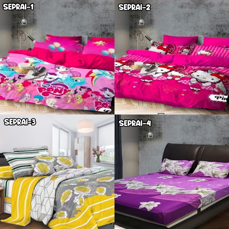 Seprai Polos Ukuran 160x200x20cm Motif Karakter Anak Dan Bunga Seprai Single Free 2 Sarung Bantal dan Guling