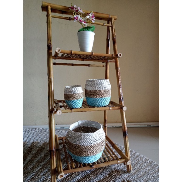 Jual Dekorasi Rak Bambu Serbaguna Bisa Dilipat 3 Step Antik Praktis Termurah / Rak Bambu Susun 3 / R