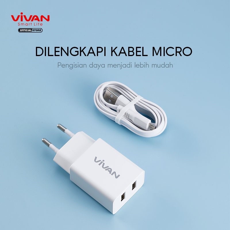 VIVAN Dual USB Charger 2.4A DD02 12W  with Charging Cable - Garansi Resmi 1 Tahun