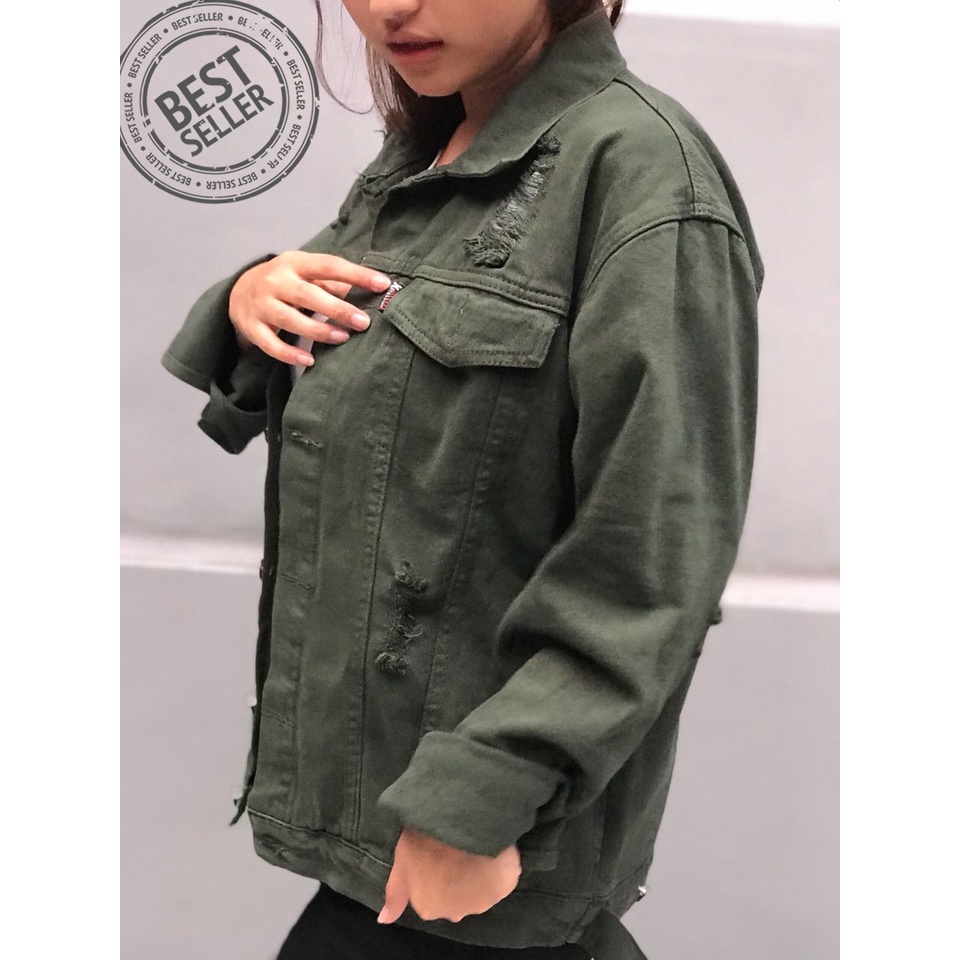 Jaket Jeans Oversize Wanita / Jaket Denim Cewe Oversize Ripped Sobek