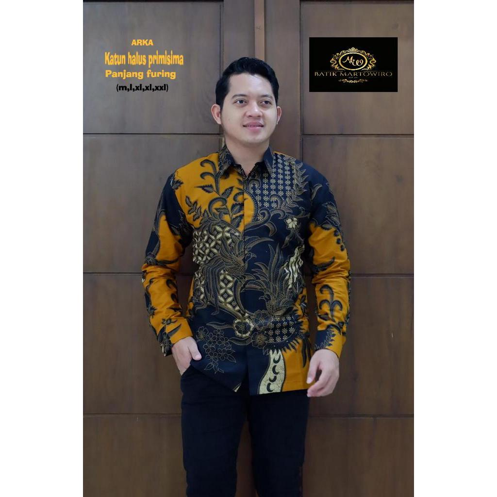 Kemeja Batik Pria Exclusive Warna Kuning Hitam Terbaru Batik Lengan Panjang Warna Kuning ARKA