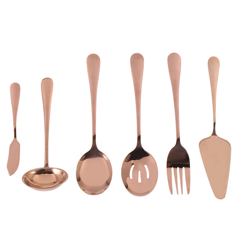 6-Piece Serving Flatware Sierware Set, Serving Utensil Set,Include Cake Server, Slotted Serving Spoon Rose Gold