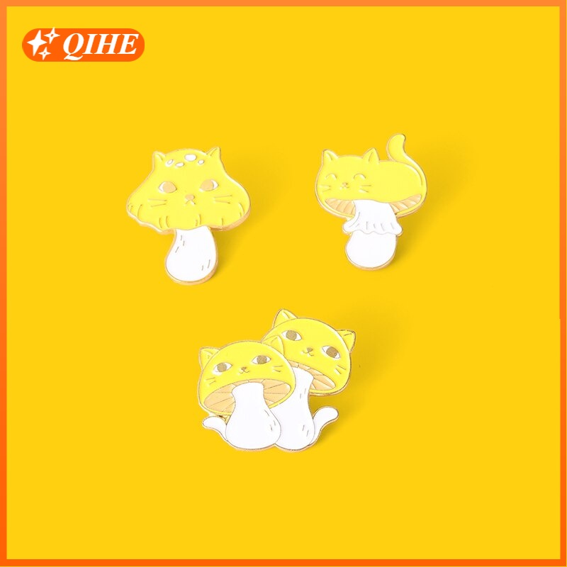 Cat Face Yellow Mushroom Enamel Pins Cute Animals Plants Brooch Lapel Badge Bag Cartoon Jewelry Gift for Friends