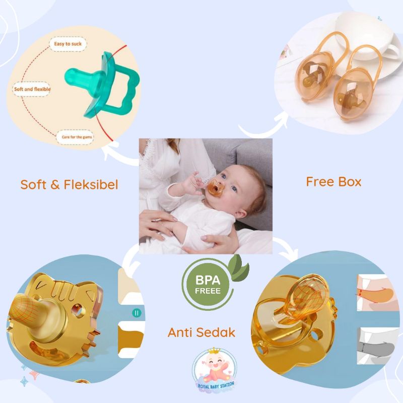 PROMO FREE RANTAI Premium Dot Empeng Bayi Silikon Hijau Coklat Bulat Gepeng mulai 0 bulan Premium Free Box BPA Free