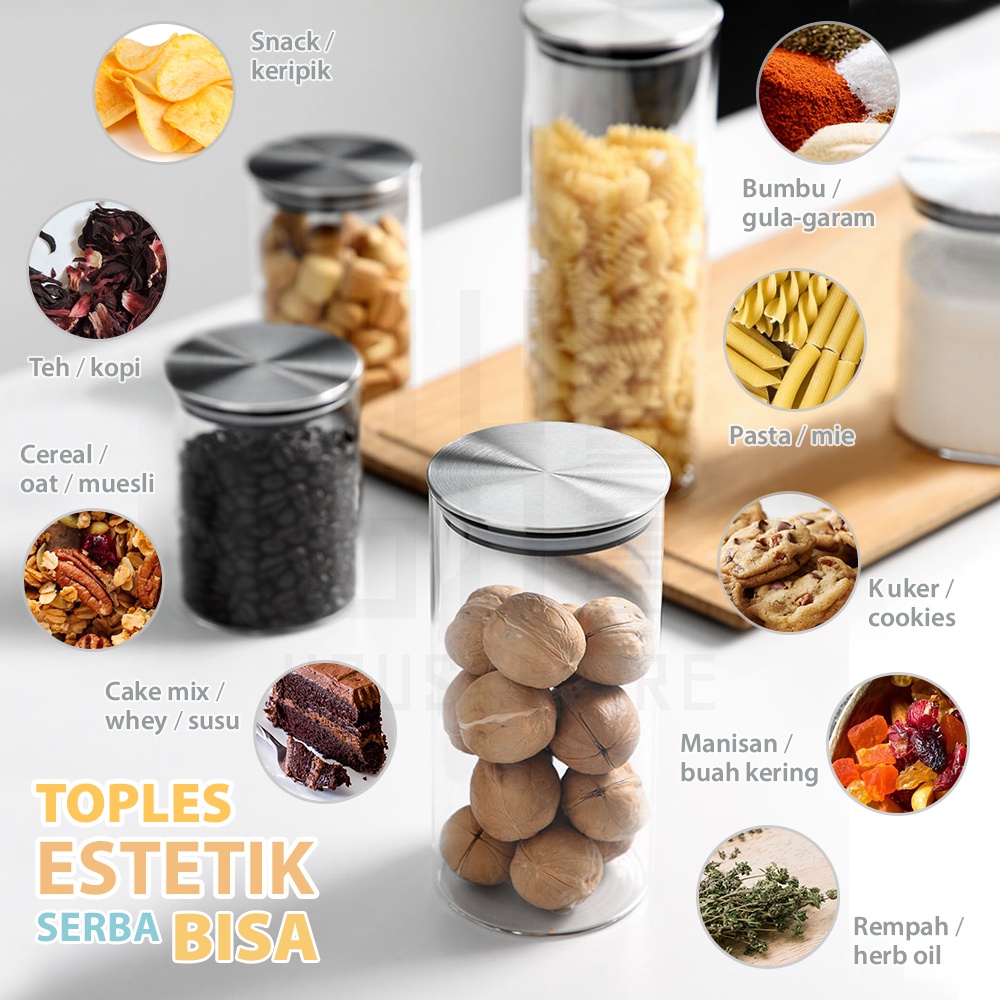 Toples Penyimpanan Kue Serbaguna Biji Bijian Bahan Kaca Borosilicate Bening Kedap Udara Premium Quality HUGO