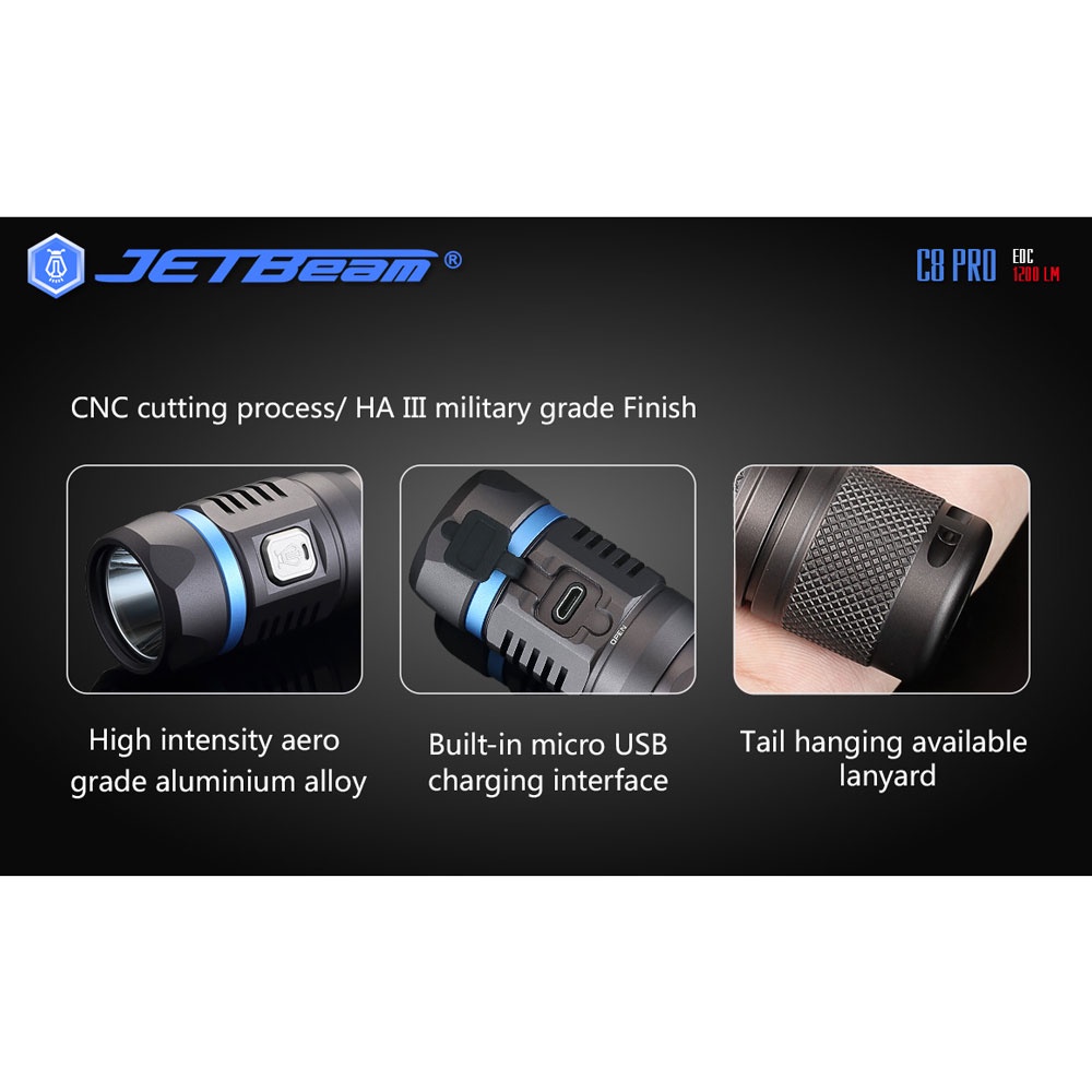 JETBeam C8 Pro Tactical Senter LED Cree SST-40 N4 BC 1200 Lumens - Black