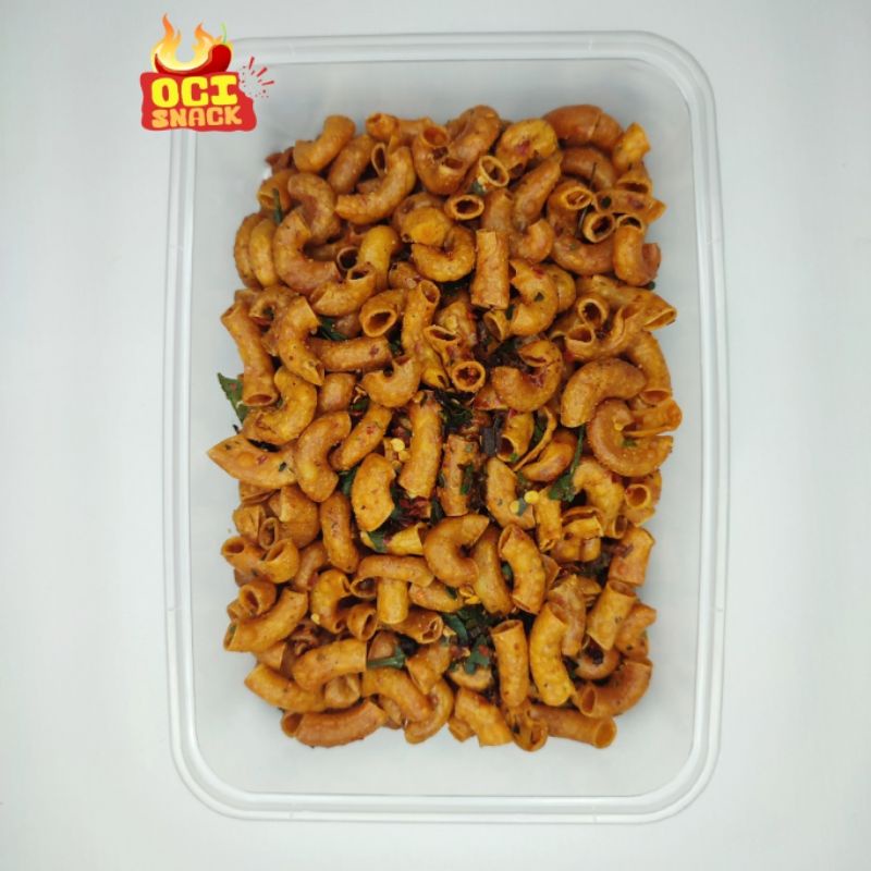 

Makaroni Usus Renyah Gurih / Kerupuk Seblak Kering / Cemilan Keripik Pedas Daun Jeruk