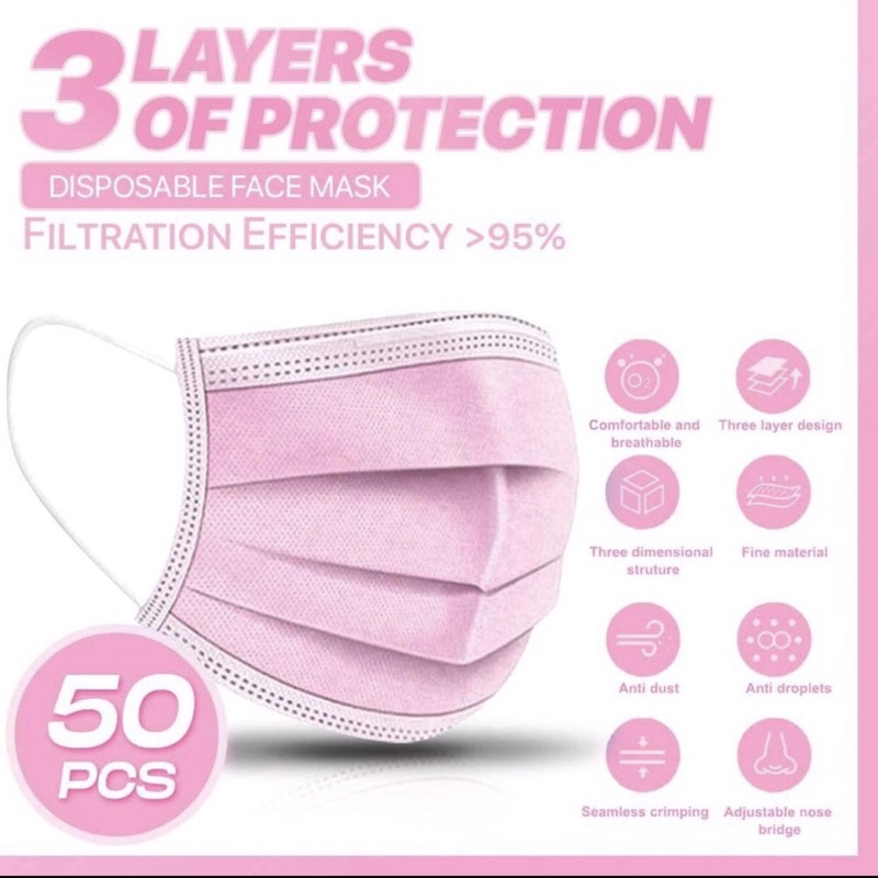 Earloop PINK 3ply Necare Chasa Icare Hygenix isi 50pc Premium Masker Bedah Disposable Kemenkes