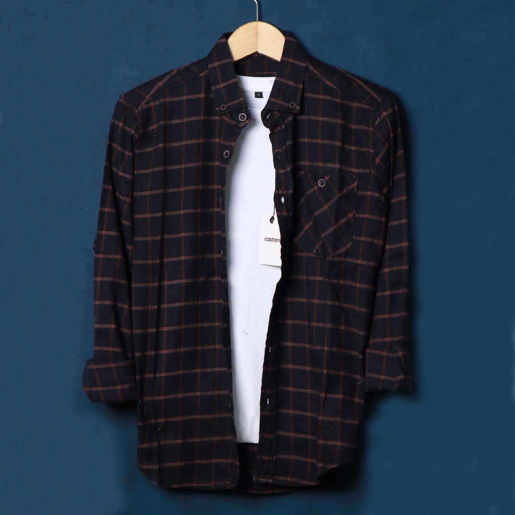 Babedo Kemeja Flannel Pria Premium Lengan Panjang Motif Kotak Kotak Motif listbrown
