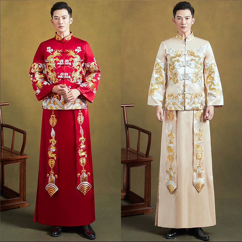 Xiuhe clothes ancient Chinese Hanfu wedding dress groom's clothes men's red champagne light gold dra