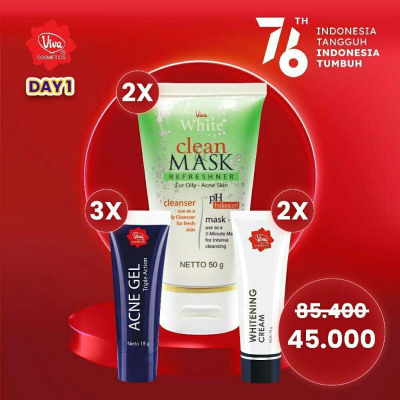 Paket 2 Clean and Mask 2 Whitening Cream 3 Acne Gel Viva