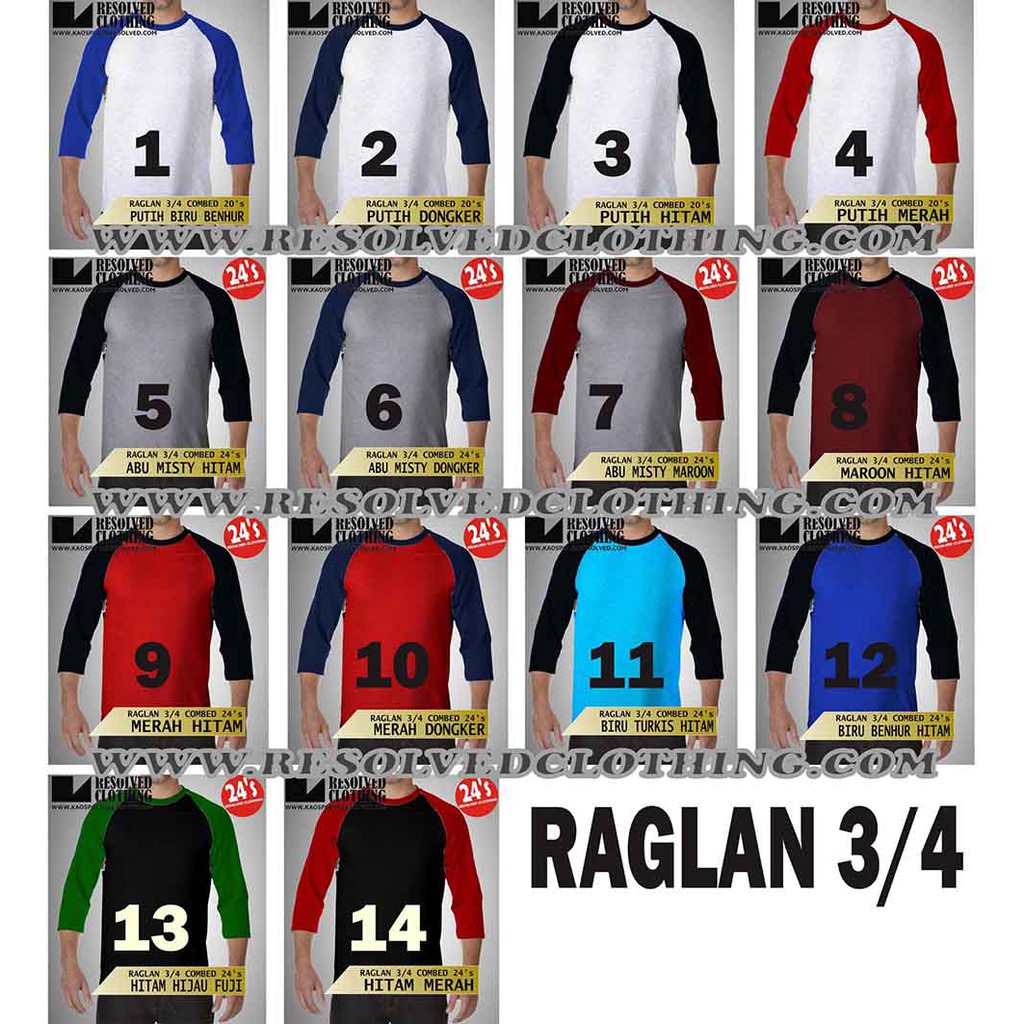 Kaos Raglan Lengan 3 4 Polos COTTON COMBED 20s Dan 24s Murah Promo