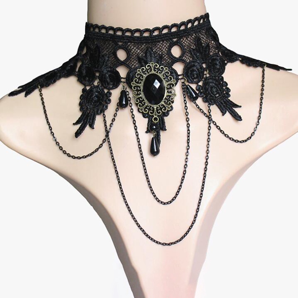 Hu Hu Hu Hu Hu Alat Bantu Pasang Kacamata♡ Set Kalung Chokergelang Tangan Lace Lebar Aksen Batu Permata Imitasi Gaya Gothicpunk Untuk Wanita