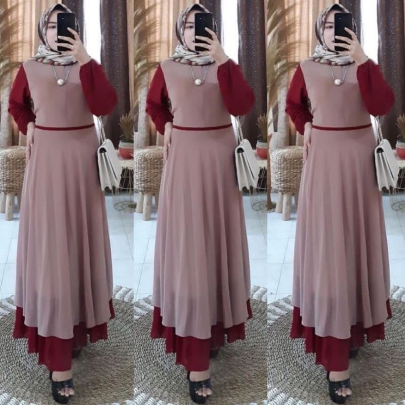 ANDRIA MAXY Gamis Ceruty Susun Kombinasi Busui LD 108cm- Gamis Wanita Busui Friendly