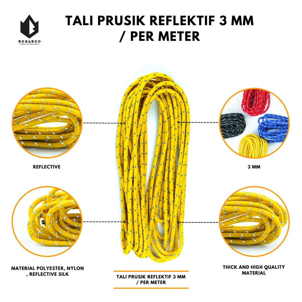 (COD AJA) TALi PERUSIK REFLEKTIF 3 MM - tali prusik reflective - tali perusik nyala - tali tenda outdoor REFLEKTIP 1 METER