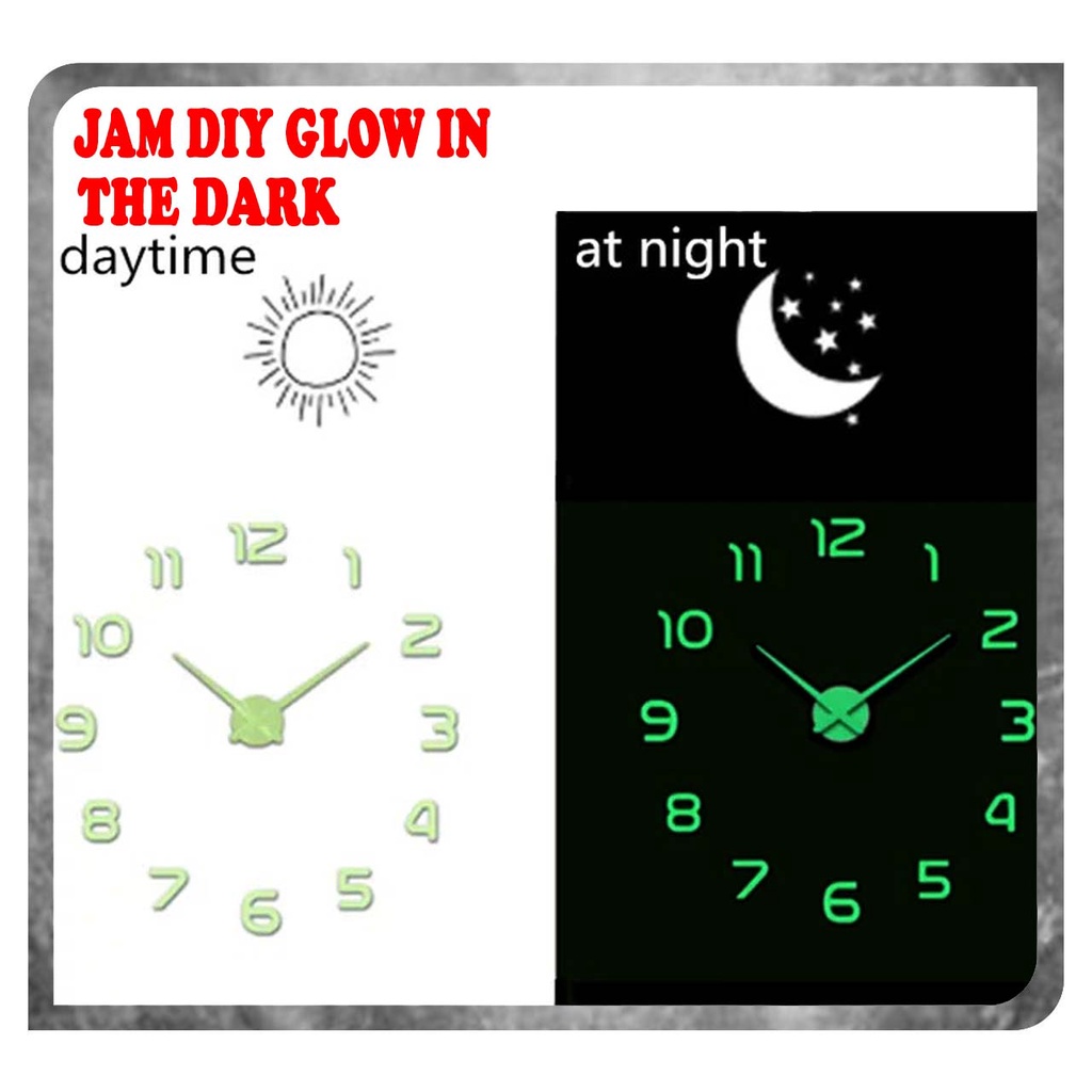 Jam Dinding Rumah DIY Modern Design Aesthetic Model Glow In The Dark / Jam Dinding Glow In The Dark Stiker Tempel DIY Analog 3D Giant Modern Clock