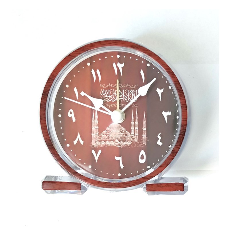 Jam Meja Kaligrafi Arab Alarm Clock Motif Kayu Warna Coklat Free Baterai