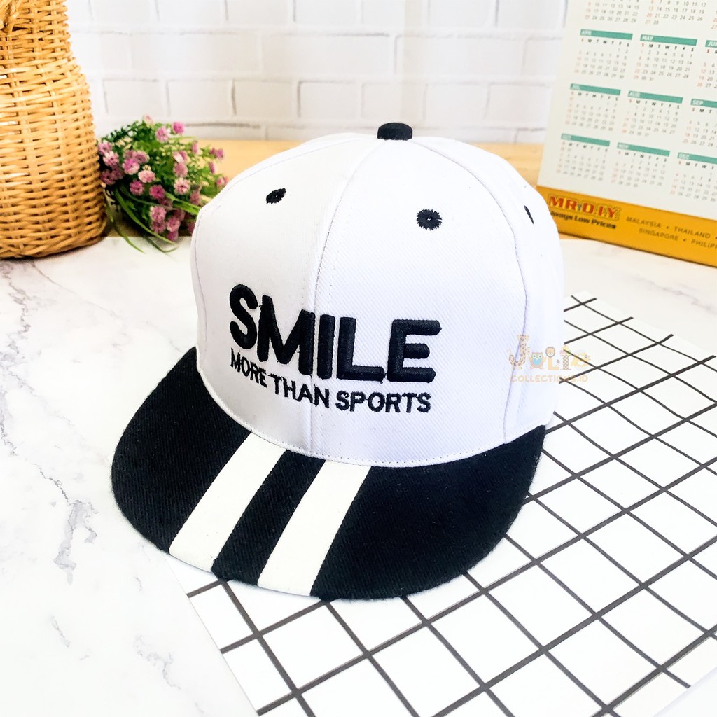 JOLIECOLLECTIONS.ID | TOPI ANAK FASHION HAT BORDIR TULISAN SMILE MORE THAN SPORTS UNISEX SNAP BACK-SMILE SPORT-PUTIH