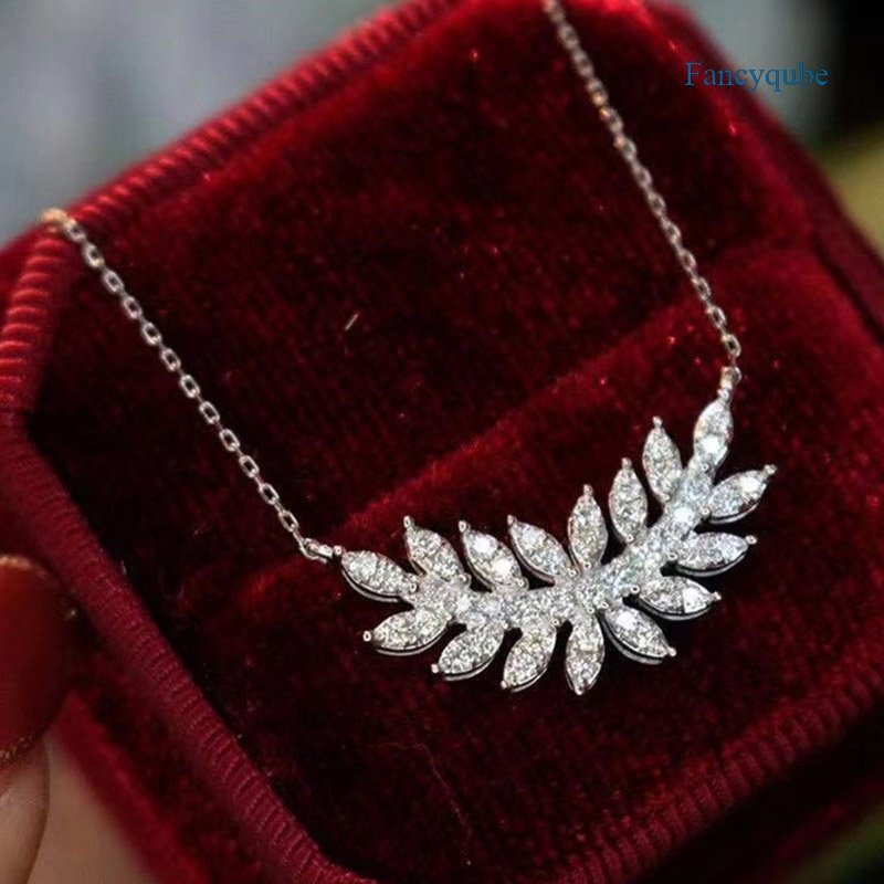 Kalung Rantai Sterling Silver 925 Dengan Liontin Daun Bulu Aksen Zircon AAA Untuk Wanita